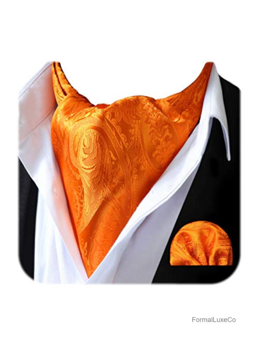 Paisley Ascot Tie & Pocket Square Set - Mens Cravat Handkerchief Classic Self